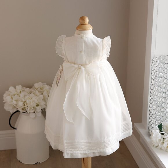 Ivory Smocked Dress & Bonnet Set Organza Special Occasion Portrait Boutique NWT - Picture 3 of 7